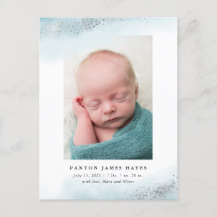 Carte Postale Faire-part Bleu éthérée et nuage d'argent Naissance photo béb