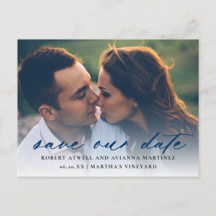 Carte Postale Faire-part Bleu foncé Texte photo mariage Enregistrer la date