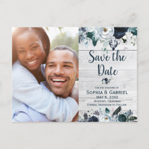 Carte Postale Faire-part Bleu Marine Blanc Floral Bois Mariage Enregistrer 