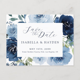 Carte Postale Faire-part Bleu marine bleu poussiéreux floral mariage économ