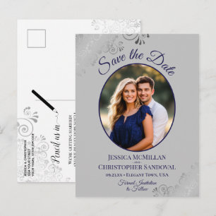 Carte Postale Faire-part Bleu marine & gris Fantaisie Mariage Économisez la