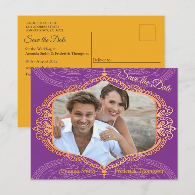 Carte Postale Faire-part Bleu marine ou violet avec Mandalas or Announc (Devant / Derrière)