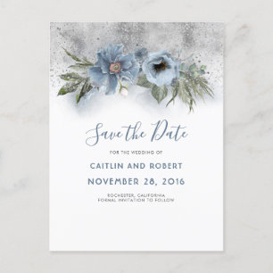 Carte Postale Faire-part Bleu poussiéreux et floral à paillettes argentées,