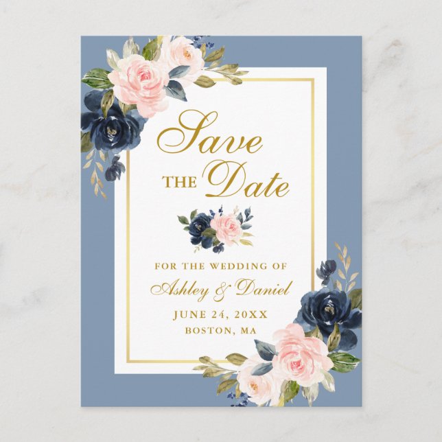 Carte Postale Faire-part Bleu Poussiéreux Rose Floral Enregistrer la Date O (Devant)