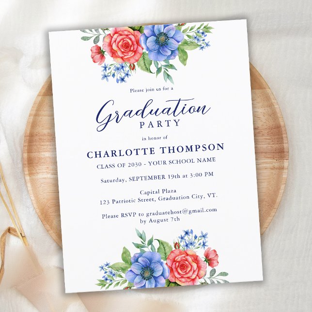 Carte Postale Faire-part Bleu Rouge Blanc Floral Patriotic Graduation Party (Créateur téléchargé)