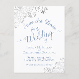 Carte Postale Faire-part Bleu sur blanc dentelle mariage d'argent Enregistr