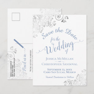 Carte Postale Faire-part Bleu sur blanc dentelle mariage d'argent Enregistr