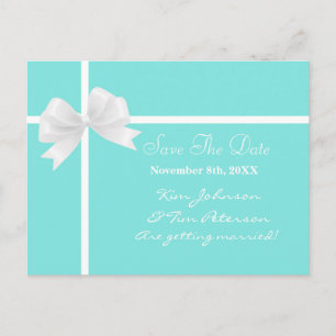 Carte Postale Faire-part Bleu Turquoise et Nœud Mariage Enregistrer la Date