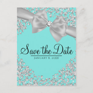 Carte Postale Faire-part Blue Big White Bow Diamonds Enregistrer la date