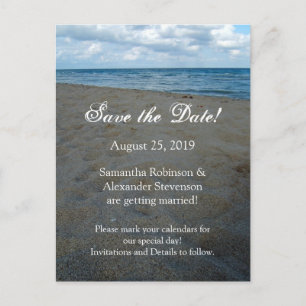 Carte Postale Faire-part Blue Brown Sands Beach Wedding Enregistrer la cart