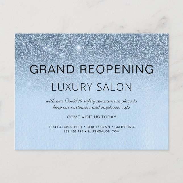 Carte Postale Faire-part Blue Business Grand Réouverture Parties scintillan (Devant)