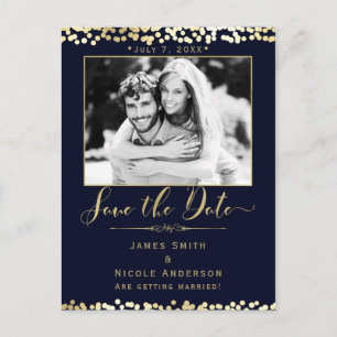 Carte Postale Faire-part Blue & Gold Confetti Photo Wedding Enregistrer la