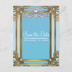 Carte Postale Faire-part Blue & Gold Princess Crown Tiara Enregistrer la da