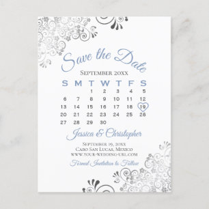 Carte Postale Faire-part Blue Grey on White Wedding Enregistrer le calendri