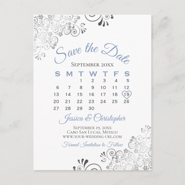 Carte Postale Faire-part Blue Grey on White Wedding Enregistrer le calendri (Devant)