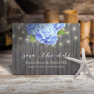 Carte Postale Faire-part Blue Hydrangea & String Lights Wood Enregistrer la