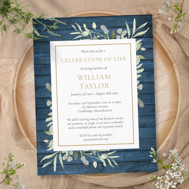 Carte Postale Faire-part Blue Rustic Foliage Célébration de la vie funérair (Blue Rustic Foliage Celebration of Life Funeral Announcement Postcard)