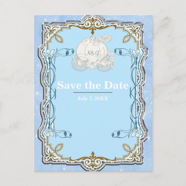 Carte Postale Faire-part Blue Sparkle Carriage Cendrillon Enregistrer la da (Devant)