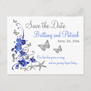 Carte Postale Faire-part Blue White Tropical Beach Enregistrer la date Cart