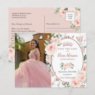 Carte Postale Faire-part Blush Floral Rose Gold Papillons Quinceañera