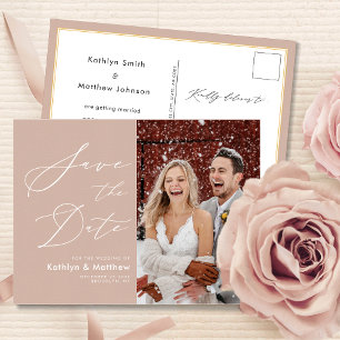 Carte Postale Faire-part Blush Pink Élégant Script Mariage Enregistrer La D