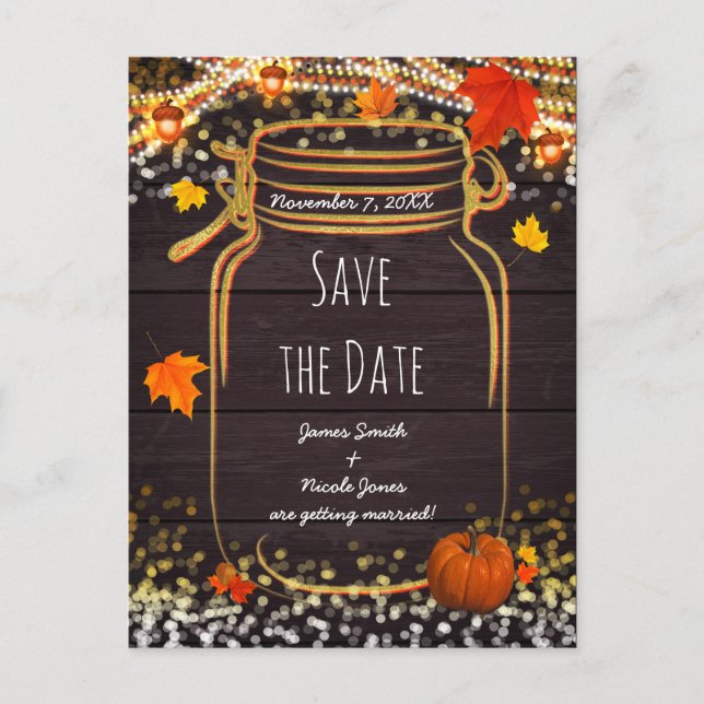 Carte Postale Faire-part Bocal mason d'automne rustique Enregistrer la date (Devant)