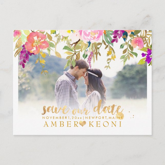 Carte Postale Faire-part Boho Aquarelle Floral Été Enregistrez la Date (Devant)