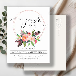 CARTE POSTALE FAIRE-PART BOHO BLUSH WREATH FLORAL PAYS SAUVER LA DATE