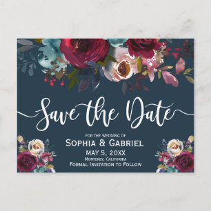 Carte Postale Faire-part Boho Burgundy Marsala Marine Floral Enregistrer la