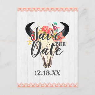 Carte Postale Faire-part Boho Chic Crâne de Vache Bouquets Floraux Enregist