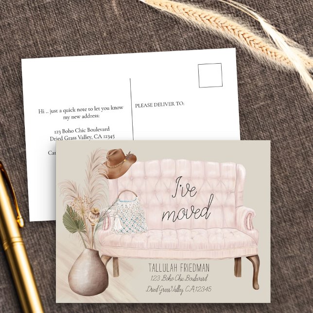 Carte Postale Faire-part Boho Chic J'ai Déménagé Grass séché Couch rose Mov (New Address postcard with boho chic living room)