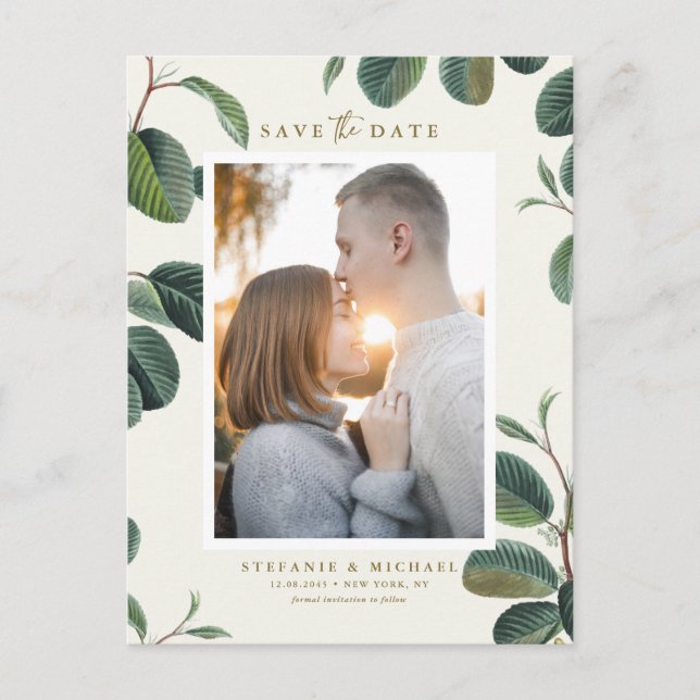 Carte Postale Faire-part Boho Feuille Botanical Ivory Photo Enregistrer la  (Devant)