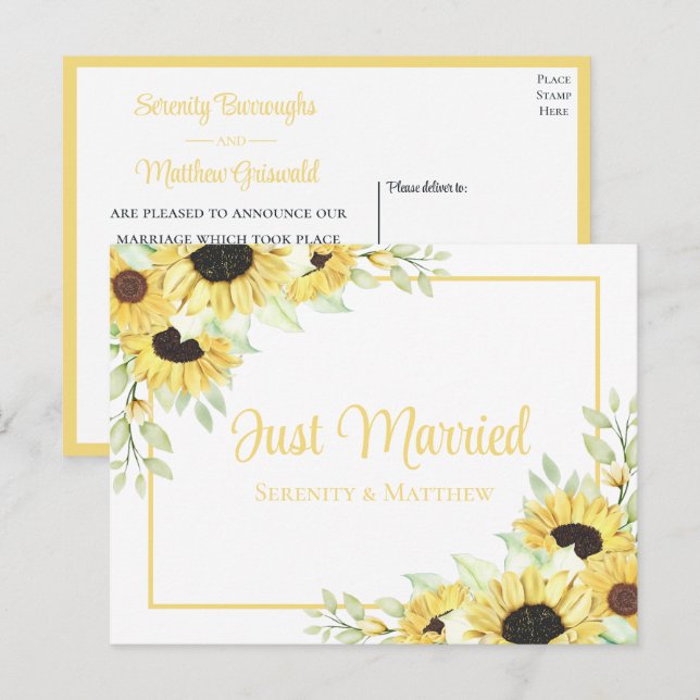 Carte Postale Faire-part Boho Floral Jaune Tournesol Mariage Juste Mariés (Devant / Derrière)