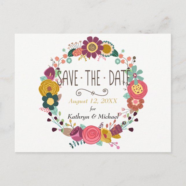 Carte Postale Faire-part Boho Floral Wreath Wedding Enregistrer la date (Devant)