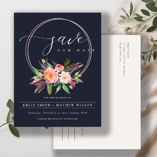CARTE POSTALE FAIRE-PART BOHO NAVY BLUSH COURONNE FLEURS PAYS SAVE THE DATE