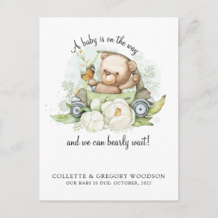 Carte Postale Faire-part Boho Teddy Bear Brown Sage Green Bearly Wait