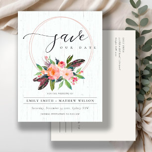 CARTE POSTALE FAIRE-PART BOHO WOOD BLUSH WREATH FLORA PAYS ENREGISTRER LA D