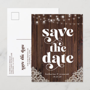 Carte Postale Faire-part Bois Chaîne Lumières Mariage dentelle Enregistrer 