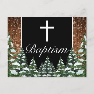 Carte Postale Faire-part Bois neigeux Noir et pin Baptême bébé