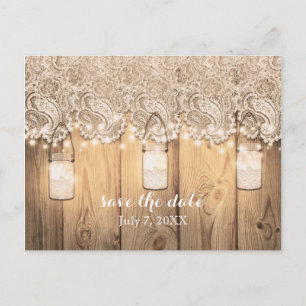 Carte Postale Faire-part Bois Rustique Dentelle & Bocal Mason Illuminé Enre