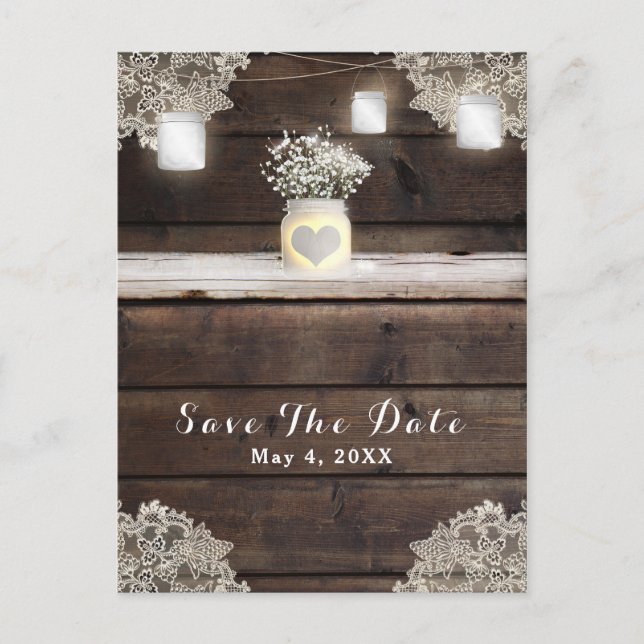 Carte Postale Faire-part Bois Rustique, Dentelle & Pots en Verre Grange Sav (Devant)