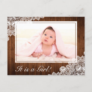 Carte Postale Faire-part Bois rustique et dentelle blanche bébé fille photo