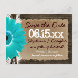 Carte Postale Faire-part Bois rustique Turquoise marguerite Enregistrer la 