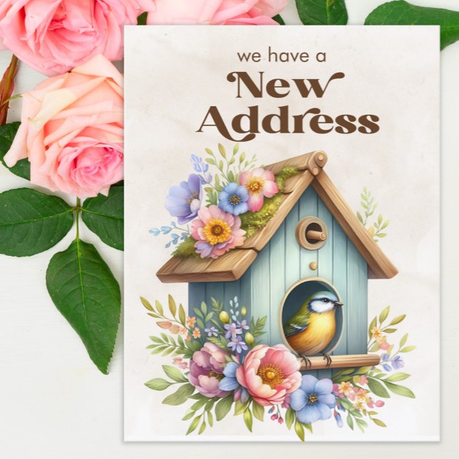 Carte Postale Faire-part Boîte aux lettres Fleurs Maison d'oiseau Changemen (Birdhouse with blue and yellow flowers change of address postcard)