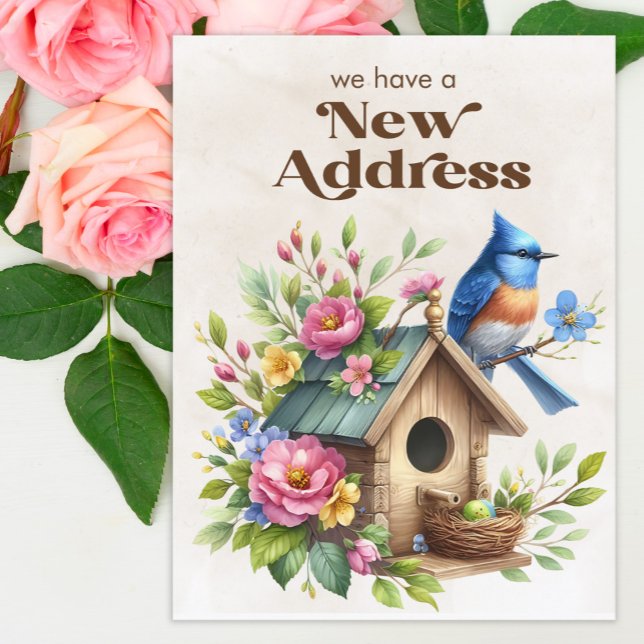 Carte Postale Faire-part Boîte aux lettres Oiseaux Fleurs Bleues Changement (Birdhouse/blue jay change of address postcard)