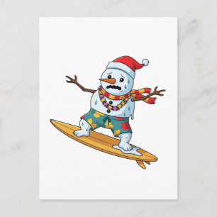 Carte Postale Faire-part Bonhomme de neige surfeur Noël 2026 Vacances drôle
