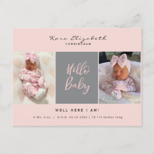 Carte Postale Faire-part Bonjour Bébé Deux Photo Fille Bébé rose Naissance