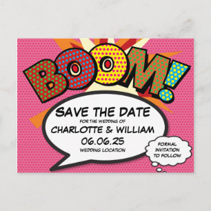 Carte Postale Faire-part BOOM Enregistrez la date Fun Retro Bande dessinée 