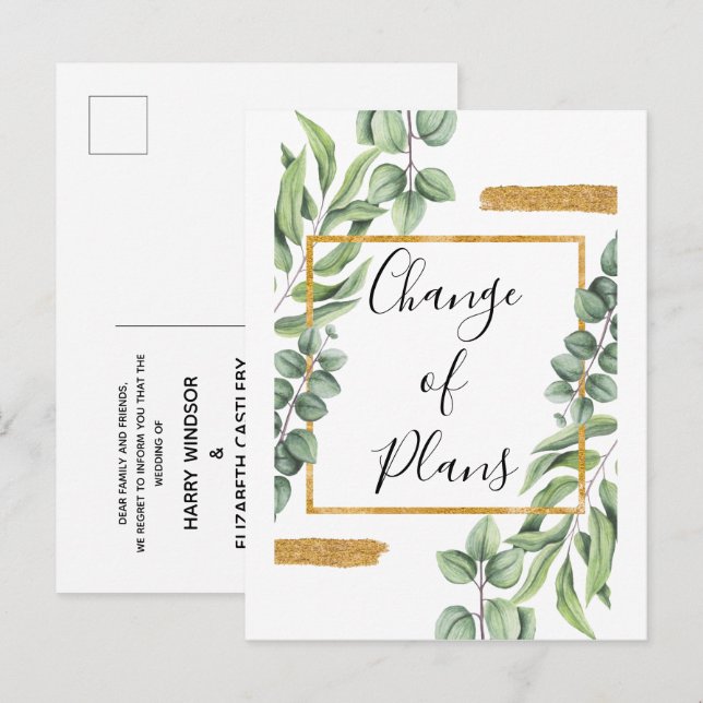 Carte Postale Faire-part Botanical Gold Changement de plans Mariage reporté (Devant / Derrière)