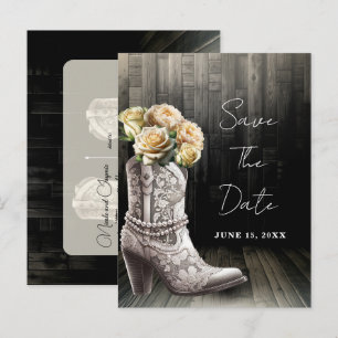 Carte Postale Faire-part Bottes à lacets de cowgirl & Fleurs blanches Enreg